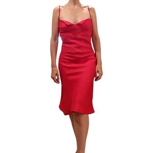 Elegant Red Strappy Dress Midi Linen Blend Sz.S